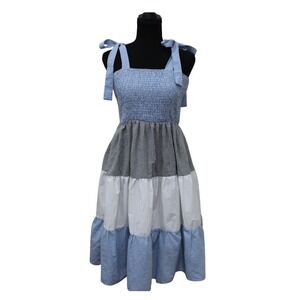 Blue Gingham Tiered Midi Dress Small Picnic Cottagecore Milkmaid Bow Strap Small